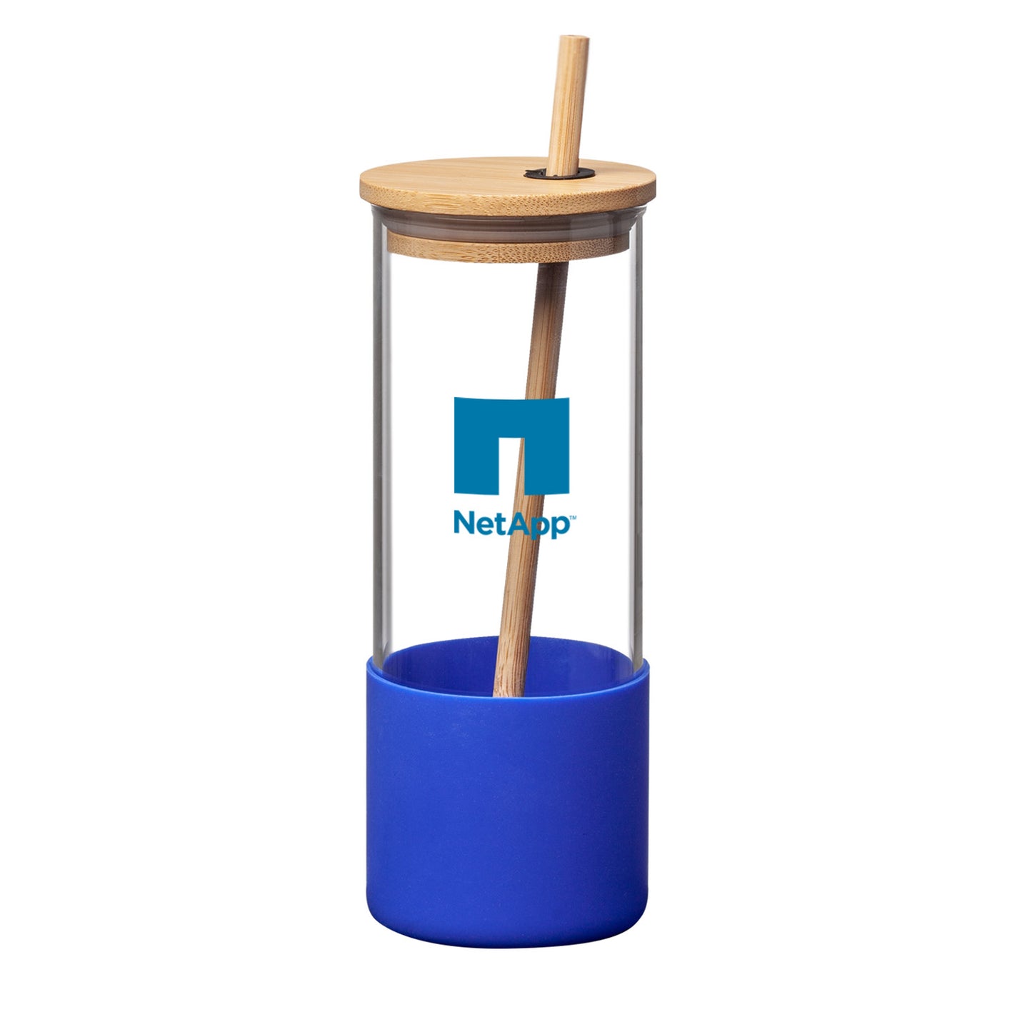 Shanti 17oz borosilicate glass tumbler with blue silicone sleeve, bamboo lid, bamboo straw, and NetApp logo