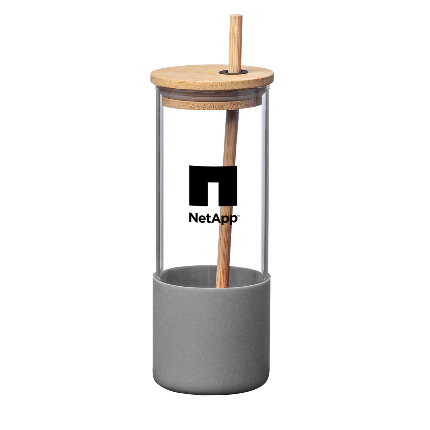 Shanti 17oz borosilicate glass tumbler with gray silicone sleeve, bamboo lid, bamboo straw, and NetApp logo