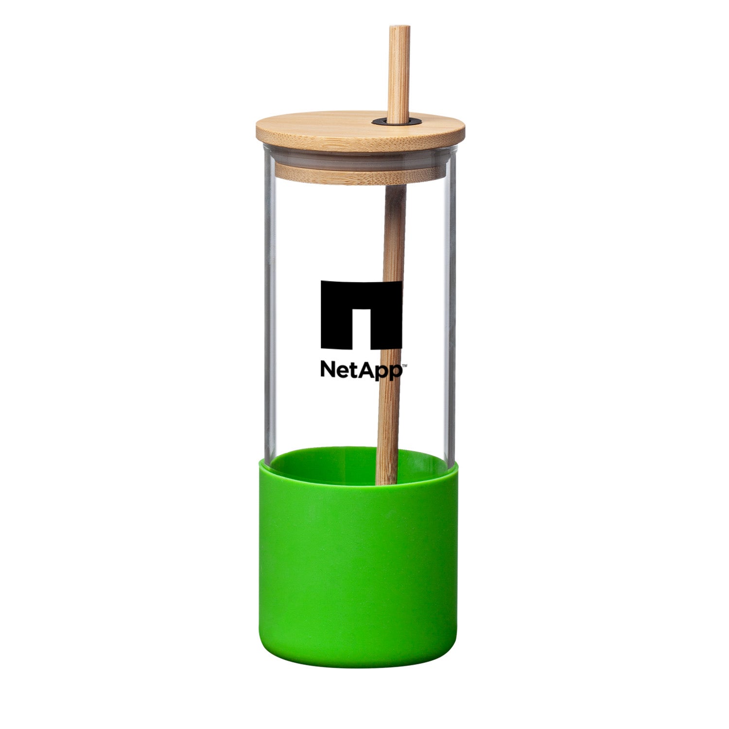 Shanti 17oz borosilicate glass tumbler with green silicone sleeve, bamboo lid, bamboo straw, and NetApp logo