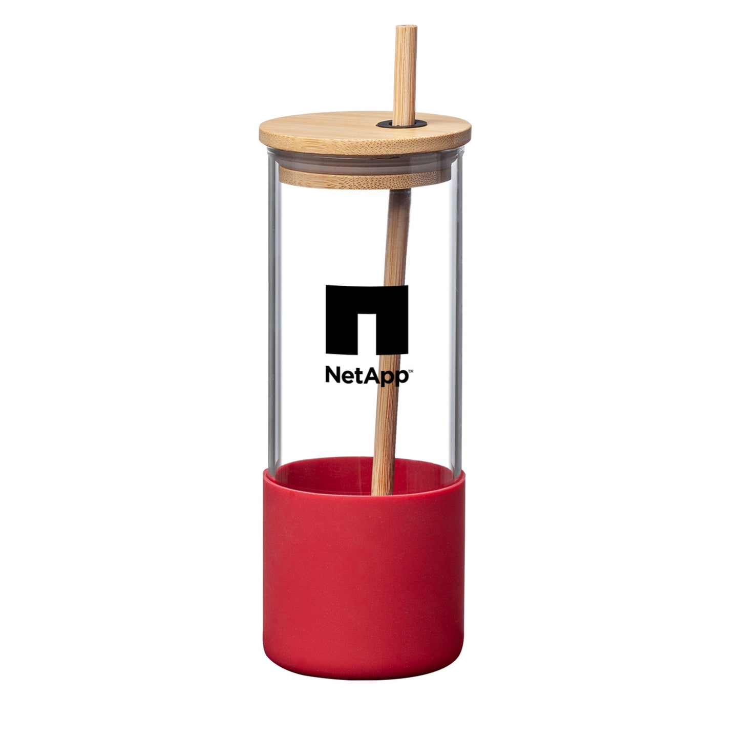 Shanti 17oz borosilicate glass tumbler with red silicone sleeve, bamboo lid, bamboo straw, and NetApp logo