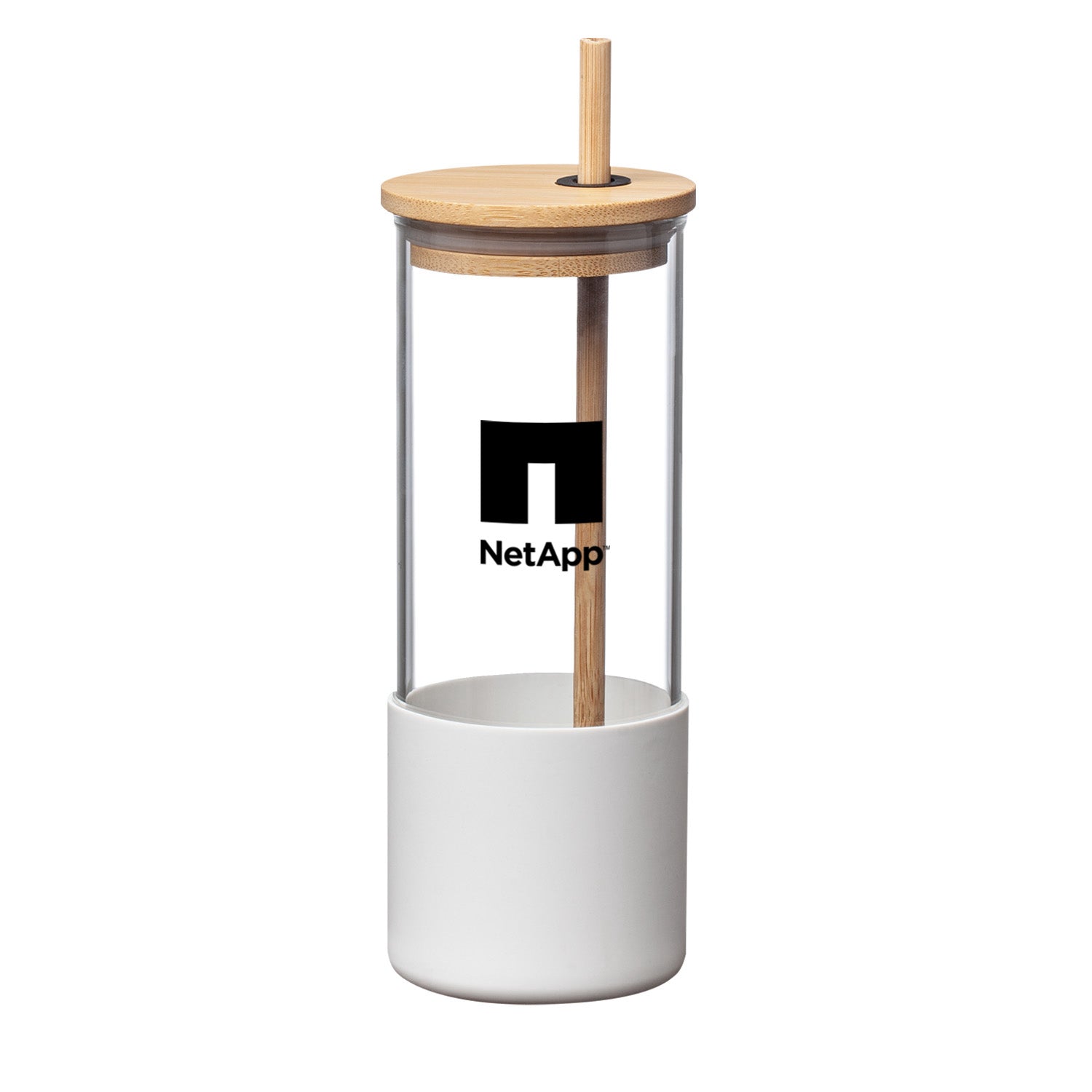 Shanti 17oz borosilicate glass tumbler with white silicone sleeve, bamboo lid, bamboo straw, and NetApp logo