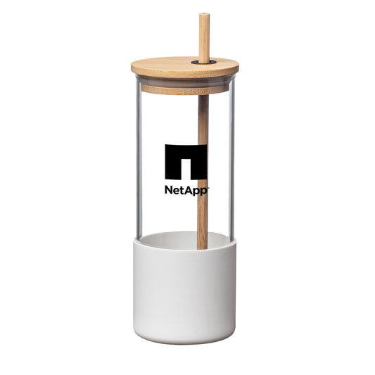 Shanti 17oz borosilicate glass tumbler with white silicone sleeve, bamboo lid, bamboo straw, and NetApp logo