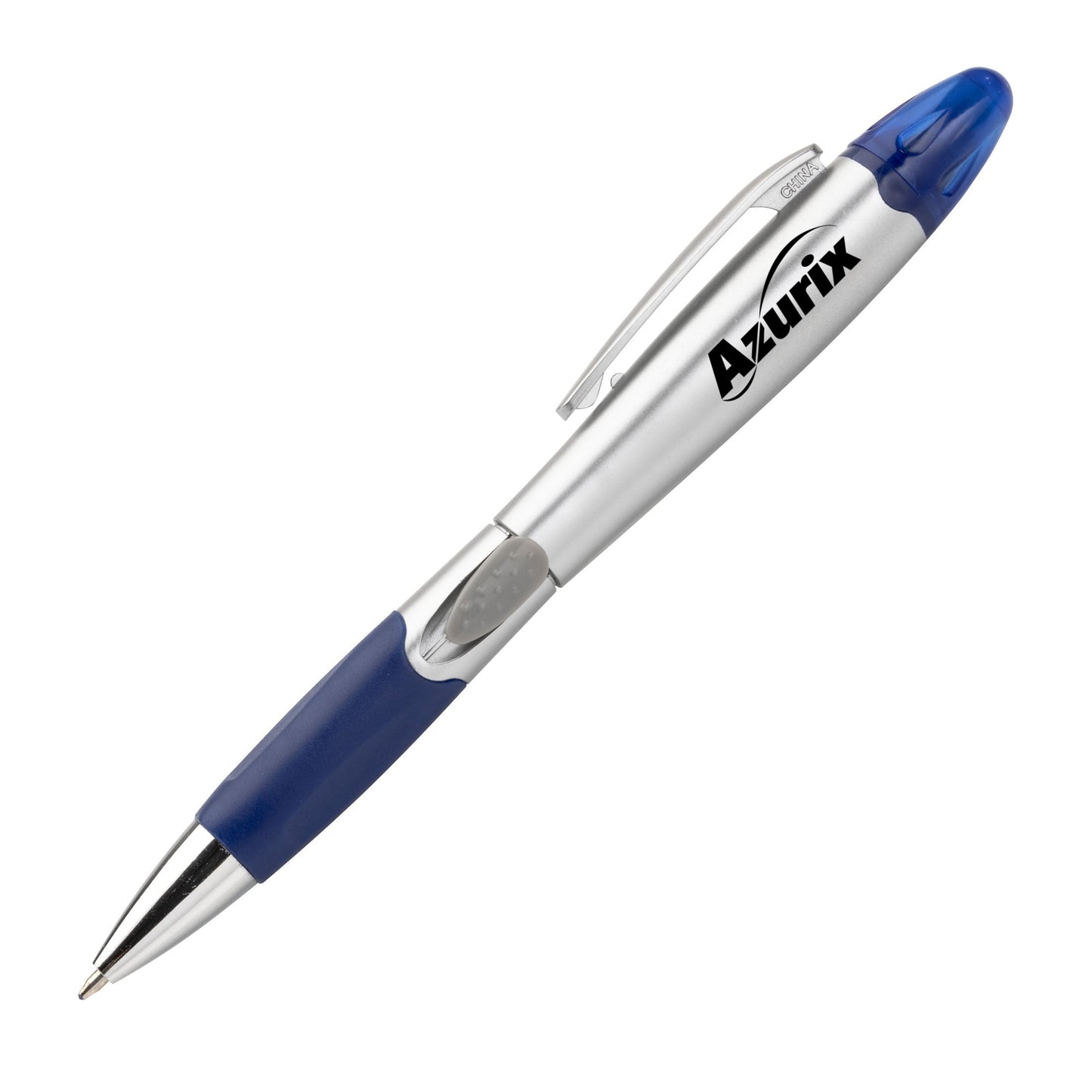 Silver Champion pen with blue grip and integrated blue highlighter combo, featuring Azurix logo.
