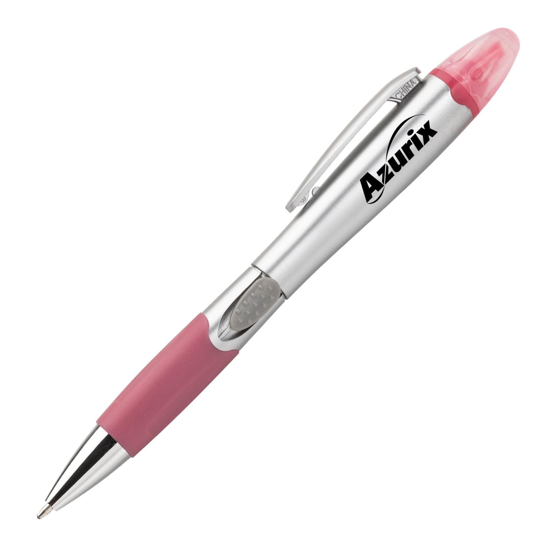 Silver Champion pen with pink grip and matching pink highlighter cap, featuring Azurix logo.