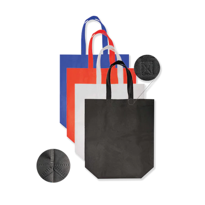 Spacious ultrasonic non-woven shopping bag 70gsm in black, white, red, and blue colors with reinforced handles, 15.5 inches wide, 6 inches deep, 15.5 inches high