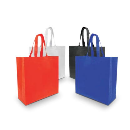 Spacious ultrasonic non-woven shopping bags 70gsm, 15.5"W x 6"D x 15.5"H, in red, blue, black, and white with custom logo print, reusable tote bags for shopping or retail