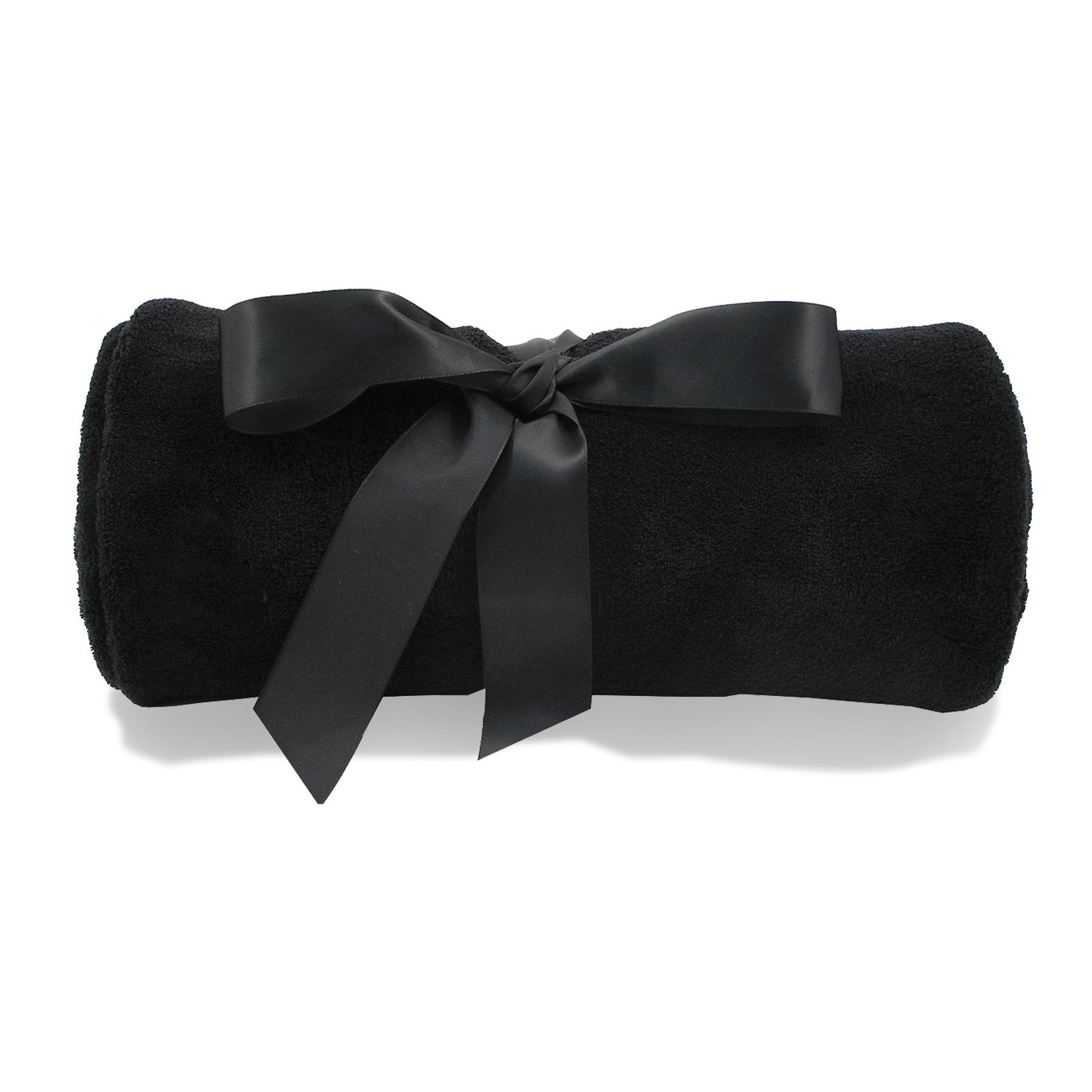 Super-Lux plush black blanket rolled and tied with a satin black ribbon, ideal for custom logo embroidery or elegant corporate gifts