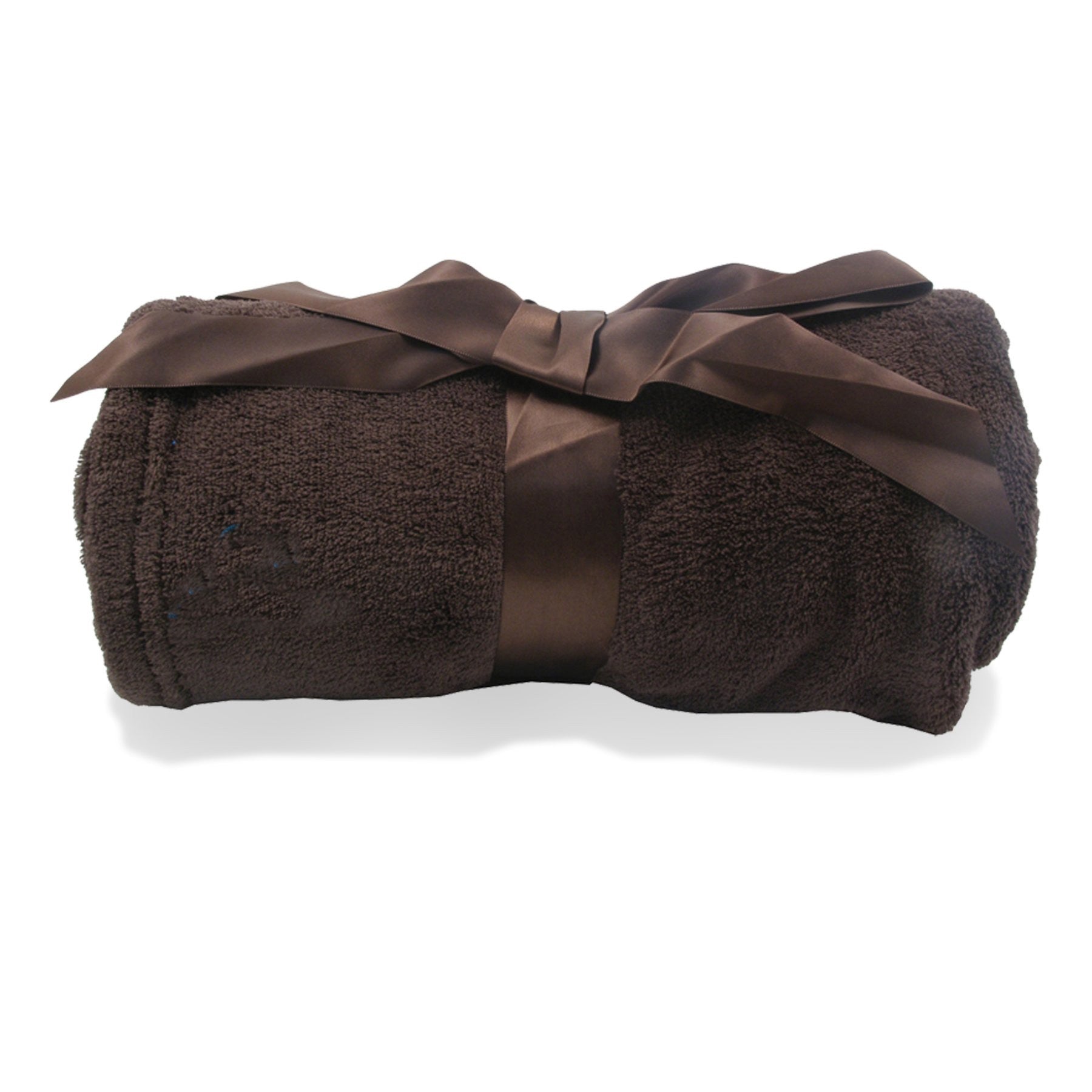 Super-Lux plush brown blanket rolled and tied with a satin brown ribbon, perfect for custom logo embroidery and premium corporate gifting