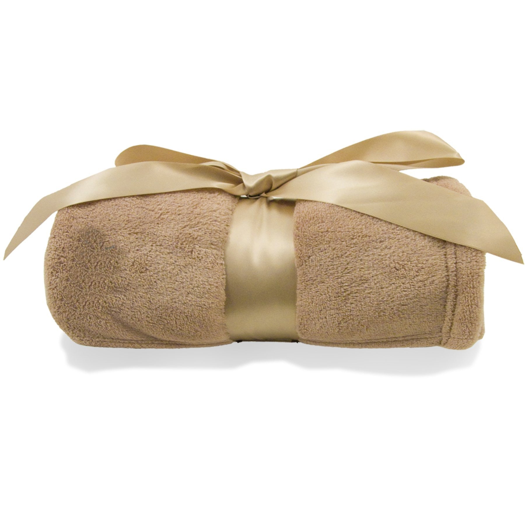 Super-Lux plush brown blanket rolled and tied with a luxurious satin brown ribbon, perfect for custom logo embroidery or corporate gifts