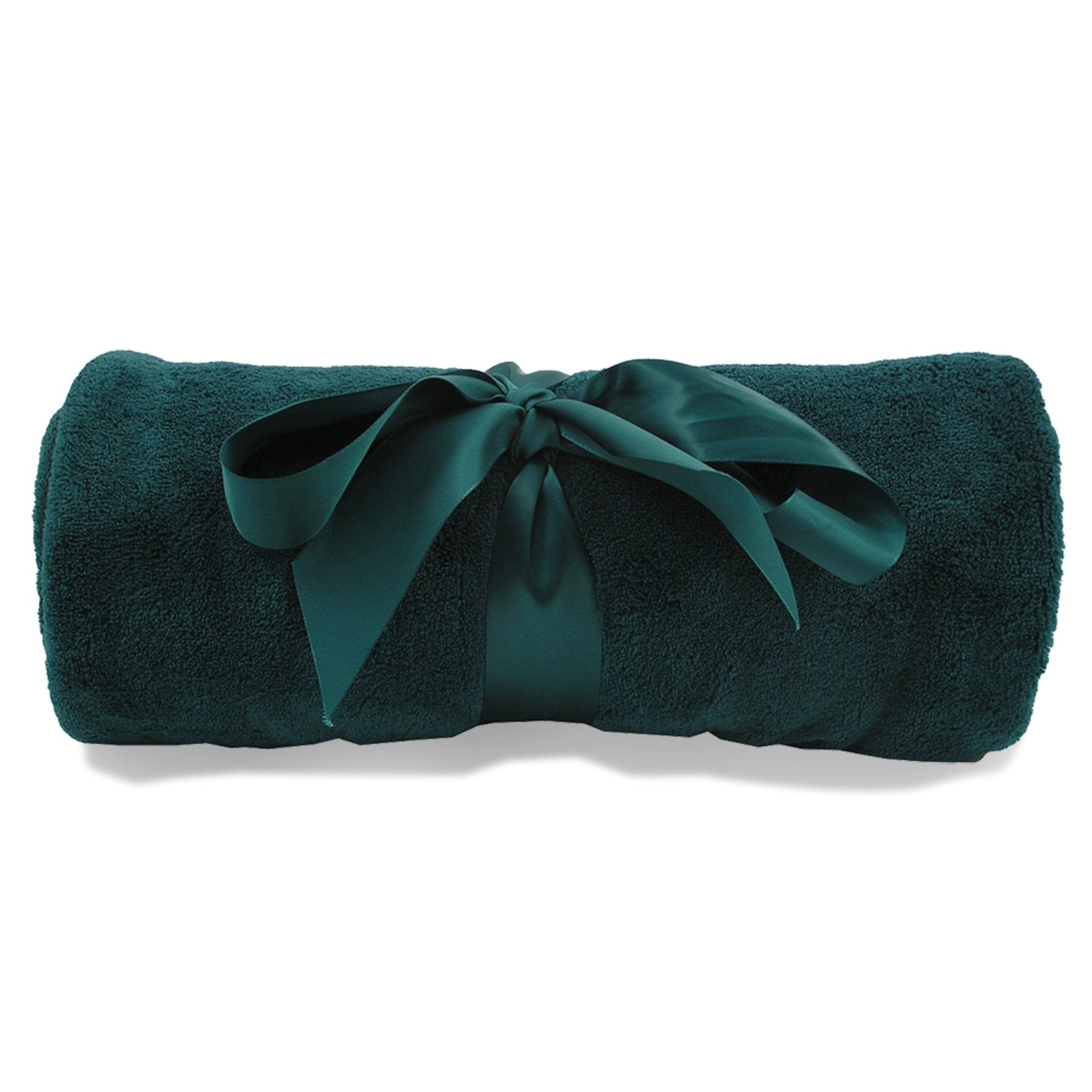 Super-Lux plush forest green blanket rolled and tied with a matching satin ribbon, ideal for custom embroidery and corporate gifting