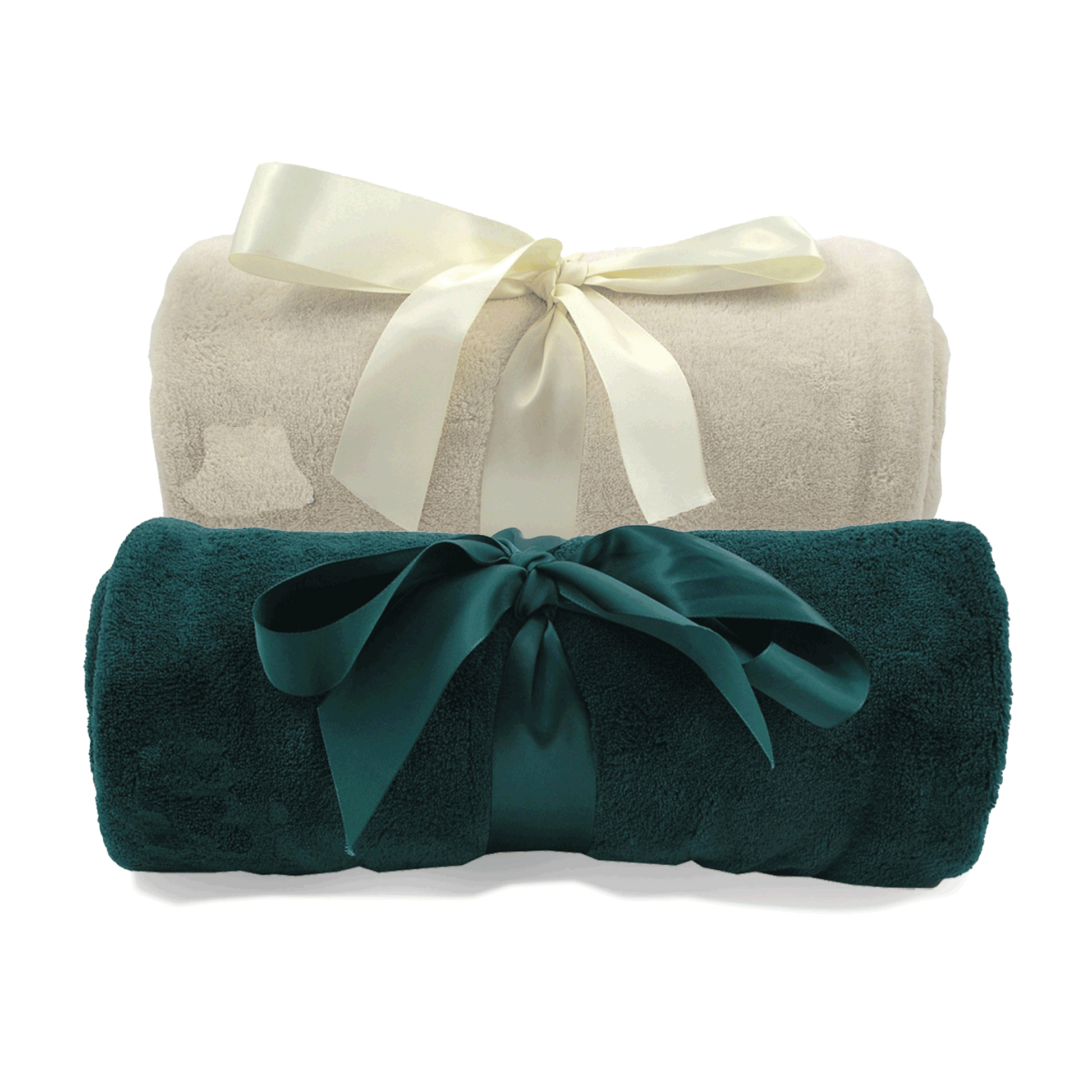 Super-Lux plush blankets in green and tan, each rolled and tied with matching satin ribbon, perfect for logo embroidery