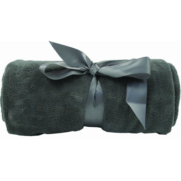 Super-Lux plush grey blanket rolled and tied with a matching satin ribbon, ideal for corporate gifts and custom embroidery branding
