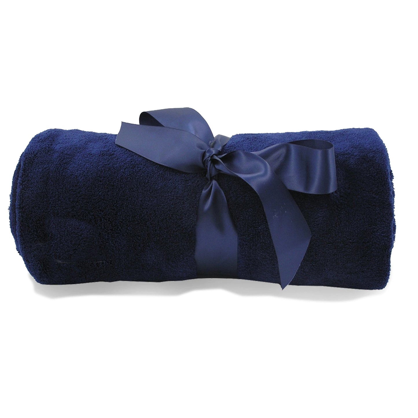 Super-Lux plush navy blue blanket rolled and tied with a matching satin ribbon, perfect for promotional gifts and custom embroidery logos