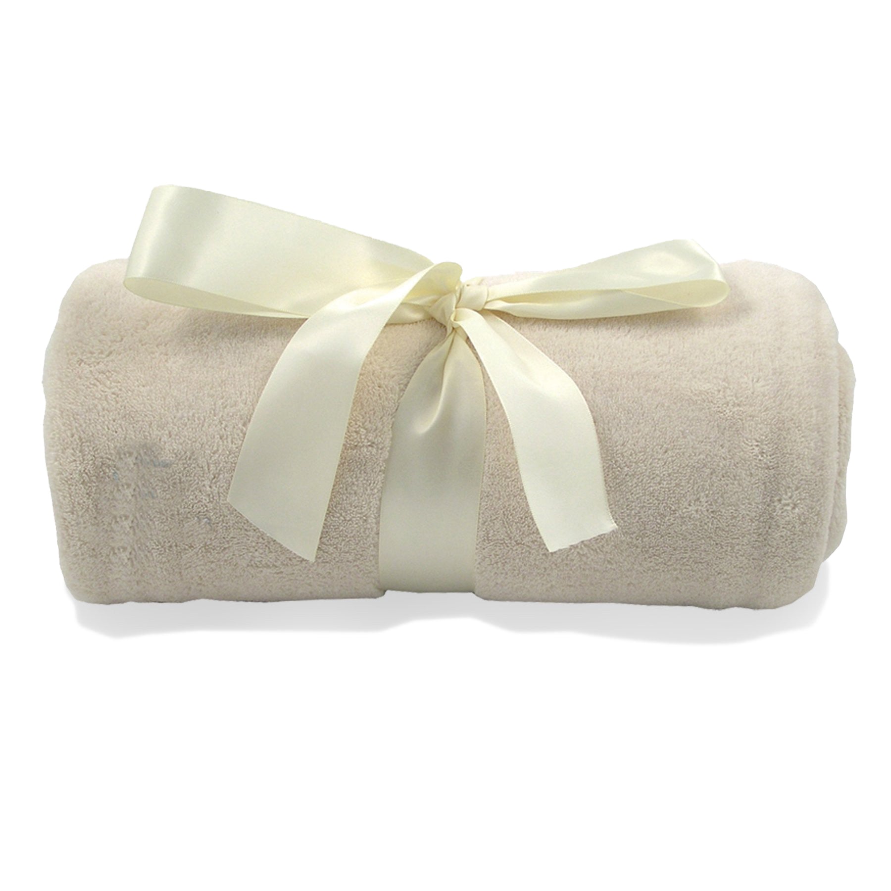 Super-Lux plush tan blanket rolled and tied with an elegant cream satin ribbon, ideal for logo embroidery or corporate gifting
