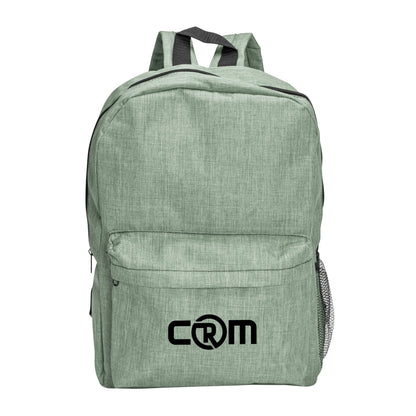 Tecumseh heather backpack 12"W x 7"D x 18"H in green with front zipper pocket, mesh side pocket, and custom CRM logo print