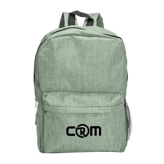 Tecumseh heather backpack 12"W x 7"D x 18"H in green with front zipper pocket, mesh side pocket, and custom CRM logo print