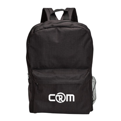 Tecumseh heather backpack 12"W x 7"D x 18"H in black with front zipper pocket, mesh side pocket, and custom CRM logo print