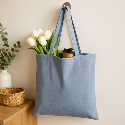 Denim blue cotton tote bag 15 inches wide by 16 inches high, eco-friendly reusable shopping bag