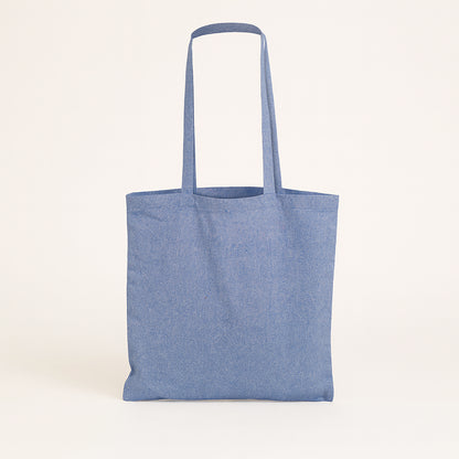 Denim blue cotton tote bag 15 inches wide by 16 inches high, eco-friendly reusable shopping bag