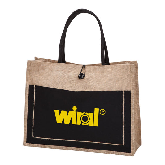Vivendi jute tote bag with black front pocket, top closure button, black handles, and custom yellow logo print, size 18 inches wide, 5.5 inches deep, 14 inches high