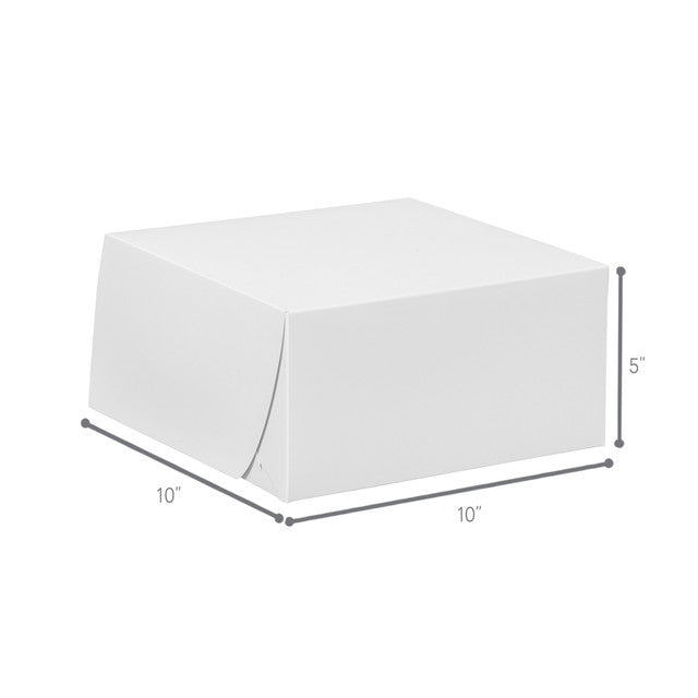 White bakery box with tuck top design, sturdy and clean construction, 10 inches by 10 inches by 5 inches, ideal for cakes, pastries, and baked goods