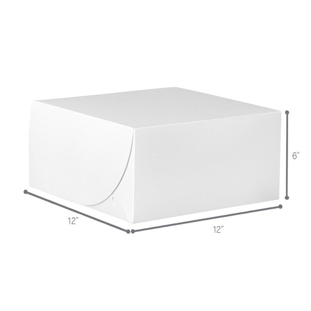 White bakery box with tuck top design, sturdy and clean construction, 12 inches by 12 inches by 6 inches, ideal for cakes, pastries, and baked goods