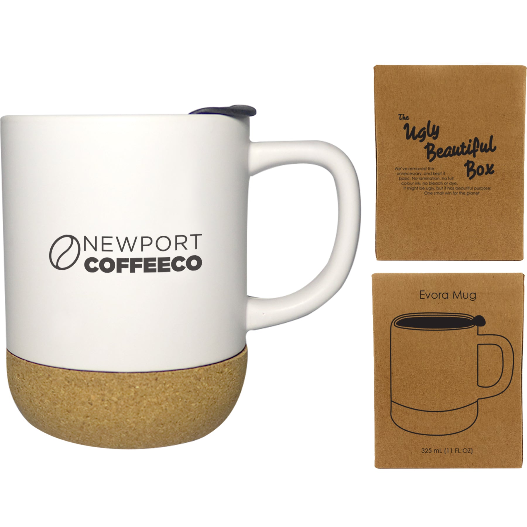 White Evora ceramic mug with cork base and black lid featuring Newport Coffee Co logo, displayed with eco-friendly Ugly Beautiful packaging, perfect for sustainable coffee promotions