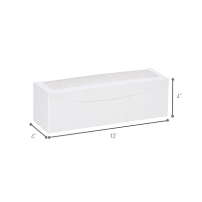 White window bakery box with clear top window, clean and sturdy design, 13 inches by 4 inches by 4 inches, ideal for baguettes, loaf cakes, and pastries