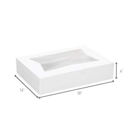 White window bakery box with clear top window, clean and sturdy design, 19 inches by 14 inches by 4 inches, perfect for sheet cakes, large pastries, and baked goods