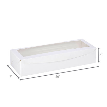 White window bakery box with clear top window, clean and sturdy design, 20 inches by 7 inches by 4 inches, ideal for baguettes, long cakes, and pastries