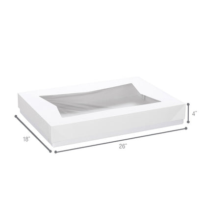 White window bakery box with clear top window, clean and sturdy design, 26 inches by 18 inches by 4 inches, ideal for full sheet cakes and large baked goods