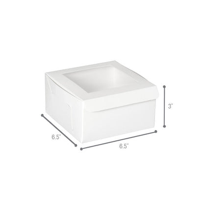 White window bakery box with clear top window, clean and sturdy design, 6.5 inches by 6.5 inches by 3 inches, ideal for cupcakes, pastries, and small cakes