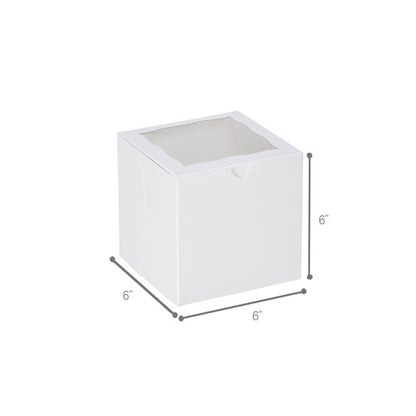White window bakery box with clear top window, clean and sturdy design, 6 inches by 6 inches by 6 inches, ideal for cakes, cupcakes, and baked goods