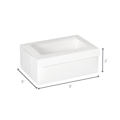 White window bakery box with clear top window, clean and sturdy design, 9 inches by 6 inches by 3 inches, ideal for pastries, cupcakes, and small cakes