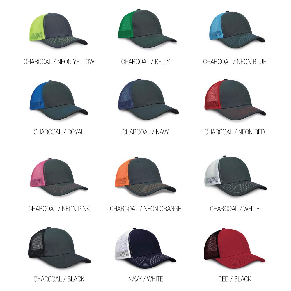 Assorted 6 panel mesh back caps with charcoal fronts and various mesh color options including neon yellow, kelly green, neon blue, royal, navy, neon red, neon pink, neon orange, white, black, and red; features polysnap closure for adjustable fit.
