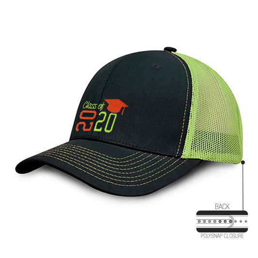 6 panel black cap with neon green mesh back, yellow stitching, and "Class of 2020" embroidery on the front; features polysnap closure for adjustable fit.