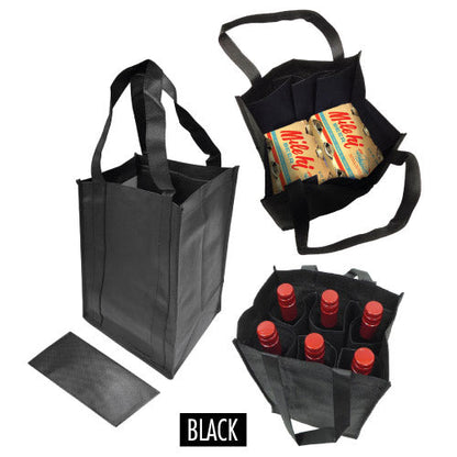 a black reusable shopping bag with six bottles of wine and a bag of drinks