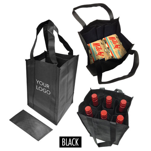 a black reusable shopping bag with six bottles of wine and a bag of drinks
