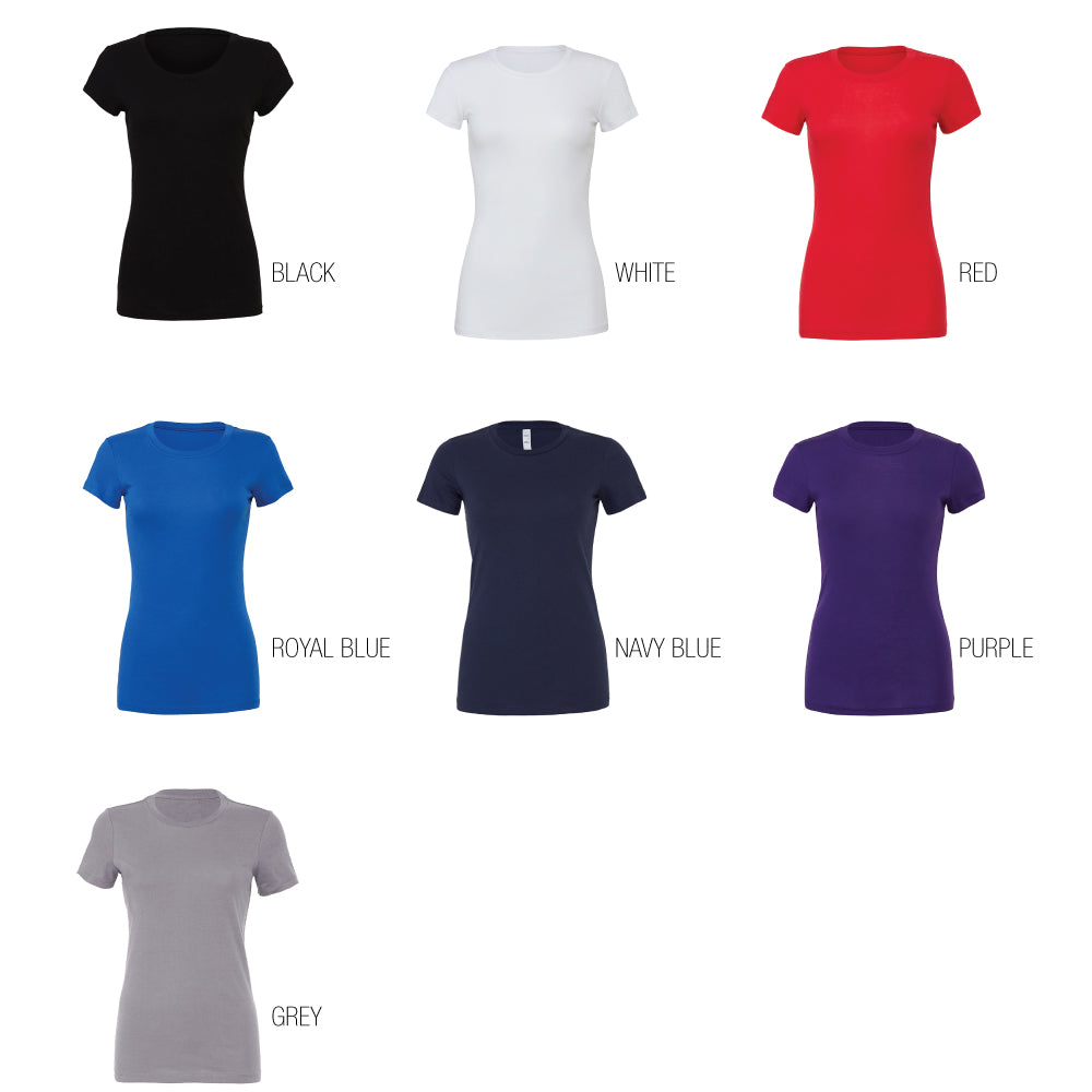 Bella & Canvas Slim Fit 6004 T-shirt for ladies displayed in seven color options: black, white, red, royal blue, navy blue, purple, and grey.