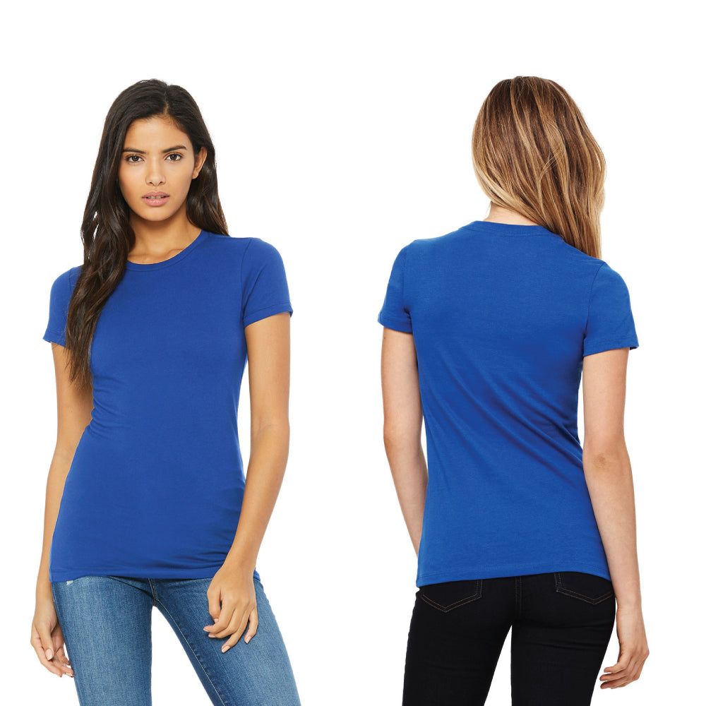 Bella & Canvas Slim Fit 6004 T-shirt for ladies in royal blue, shown from both front and back views, worn by women in jeans.