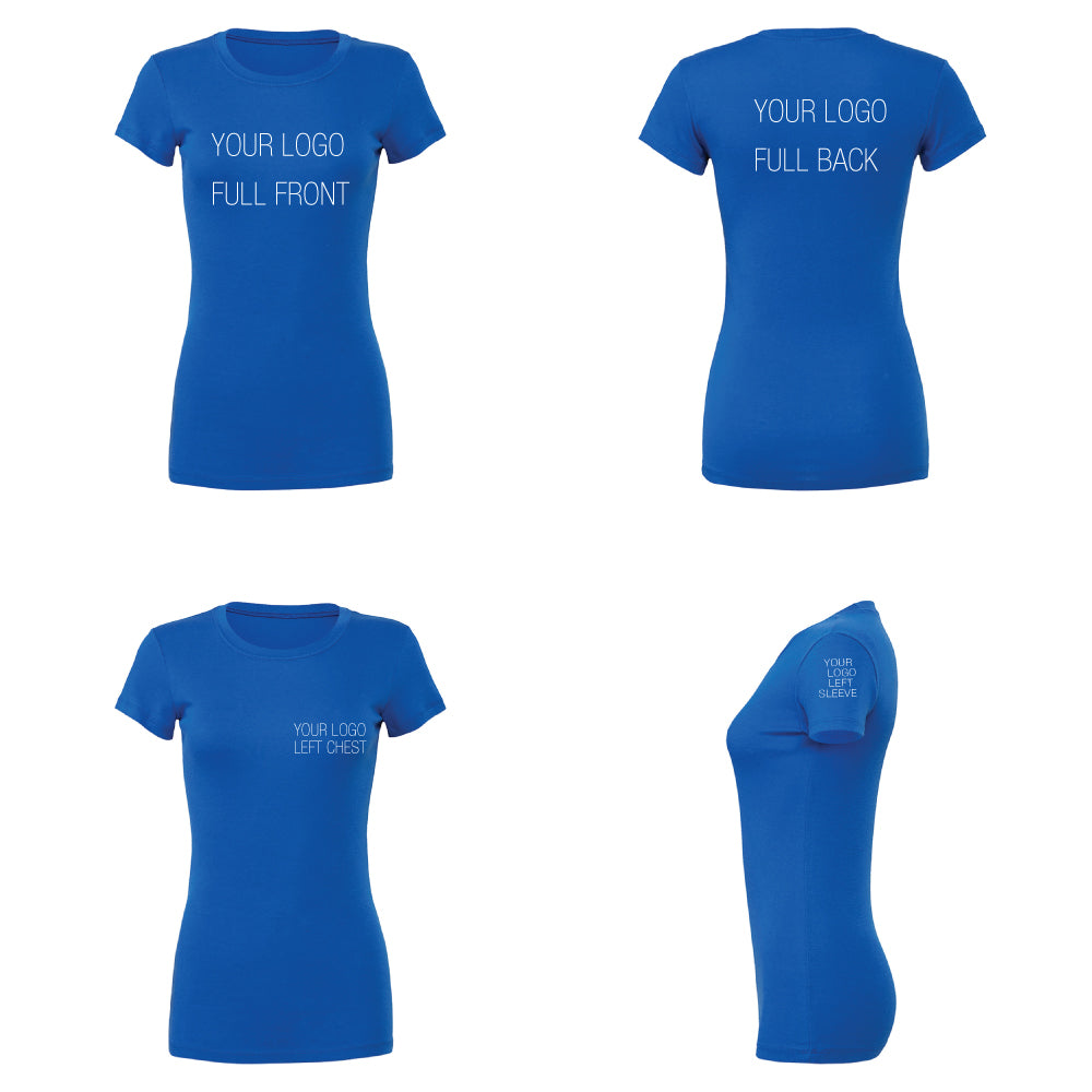 Bella & Canvas Slim Fit 6004 T-shirt for ladies in royal blue showing four logo placement options: full front, full back, left chest, and left sleeve