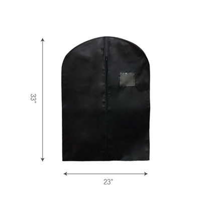 Black non-woven garment bag measuring 23 inches wide by 33 inches tall, shown with dimensions for size reference.