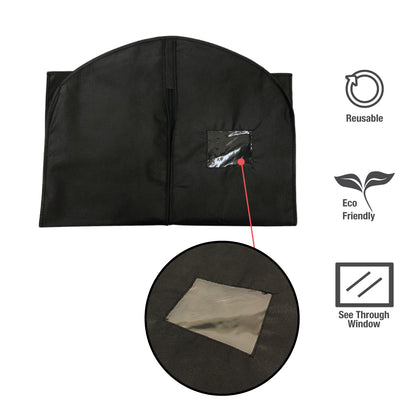 Foldable black non-woven garment bag with see-through window, reusable and eco-friendly design, with close-up view of transparent window feature.