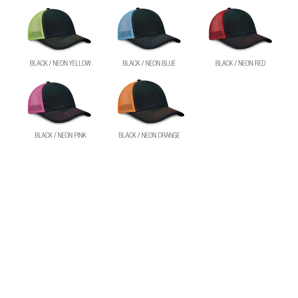 Assorted black front mesh trucker caps with neon mesh back color options including neon yellow, neon blue, neon red, neon pink, and neon orange; features adjustable polysnap closure.