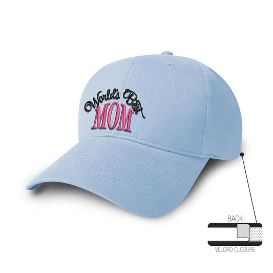 Light blue constructed mid-weight brushed cotton twill cap with embroidered “World’s Best Mom” design in black and pink, featuring adjustable velcro closure at the back.
