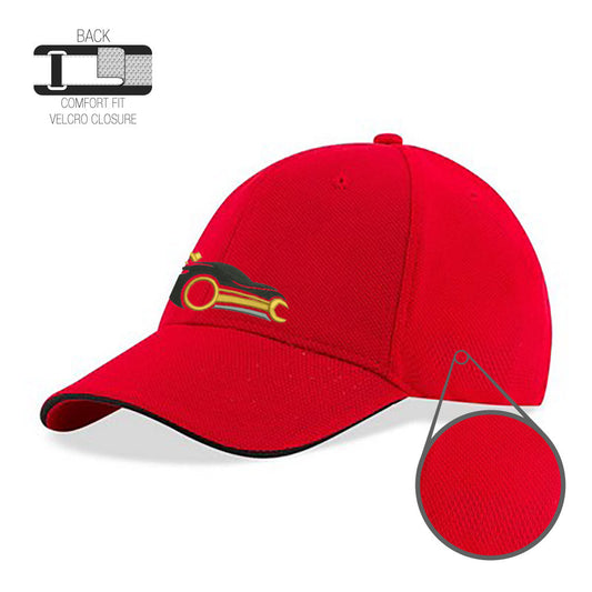 Red constructed performance sandwich cap with embroidered car logo on front, black sandwich trim on brim, and comfort fit Velcro closure at back.