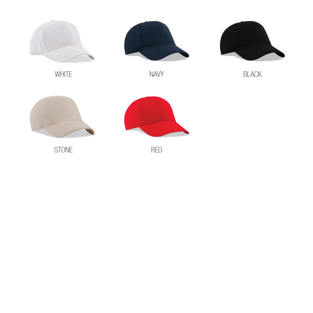 Color options for constructed performance sport cap featuring white, navy, black, stone, and red caps, each with breathable fabric and Velcro closure.