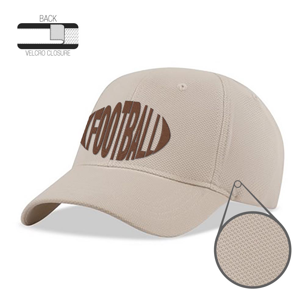 Khaki constructed performance sport cap with custom football logo design, breathable textured fabric, and adjustable Velcro closure at the back.