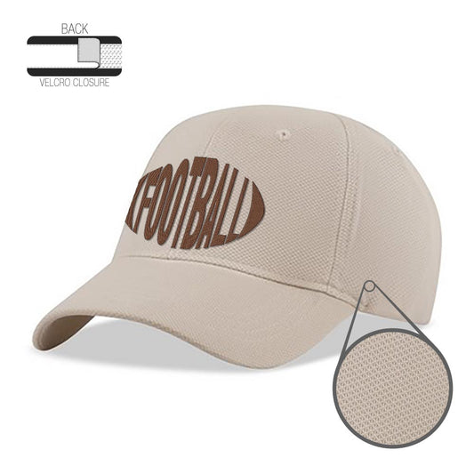 Khaki constructed performance sport cap with custom football logo design, breathable textured fabric, and adjustable Velcro closure at the back.