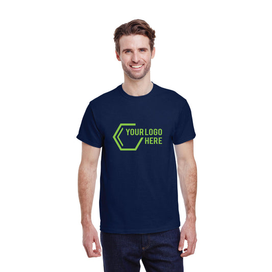 Navy blue men’s short sleeve t-shirt featuring a custom green logo print on the chest, ideal for branding and promotional use.